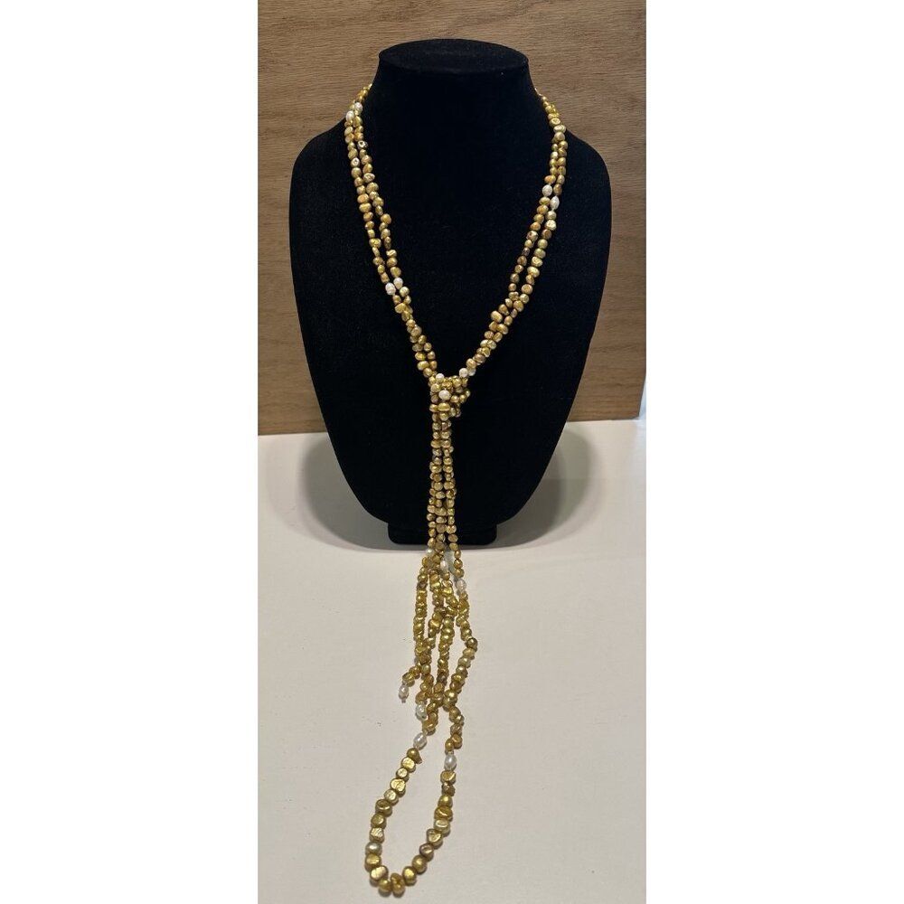 97” Long String Freshwater Pearls Gold Lariat Necklace Strand Wrap Layer